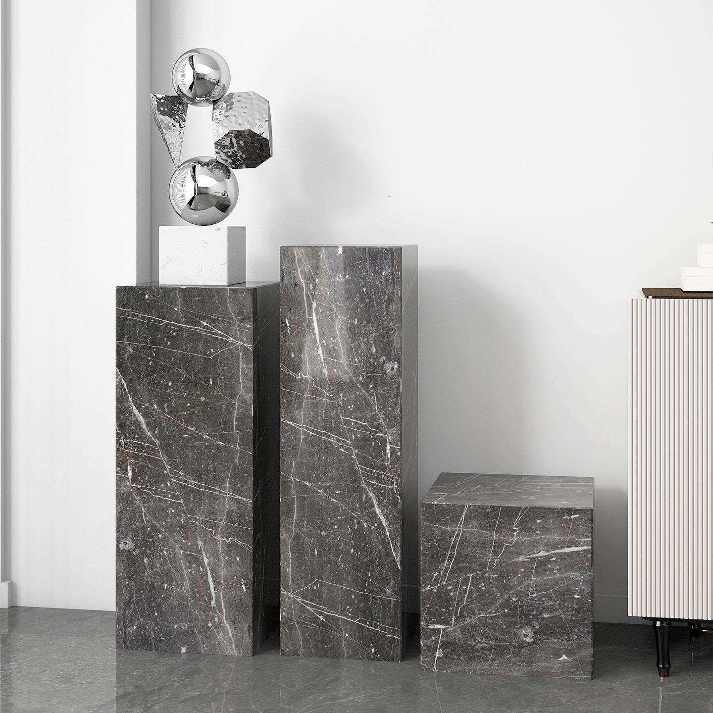 浦路斯灰大理石雕塑台底座现代电视柜旁花架客厅落地基座石墩摆件