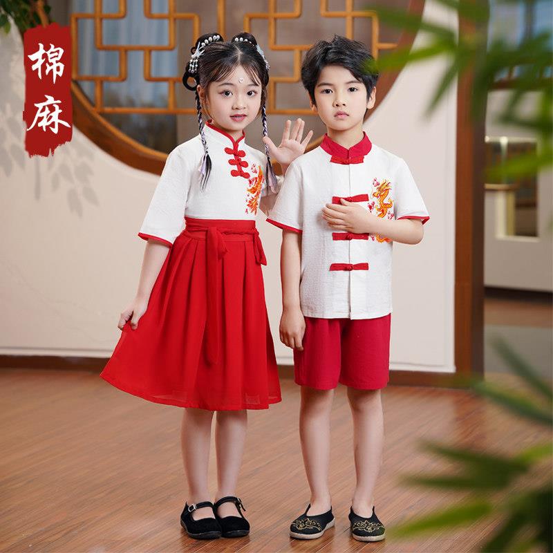 六一节中国风汉服演出服女童诗歌朗读短袖唐装幼儿园国学文化服
