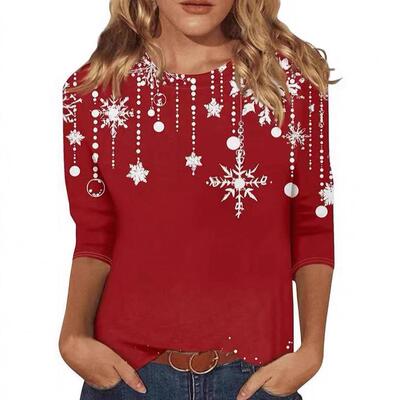 Hooded top with snowflake seven quarter sleeve round neck