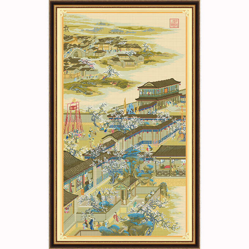 满绣版雍正十二月十字绣白布古娟布新款客厅山水风景画中国风名画