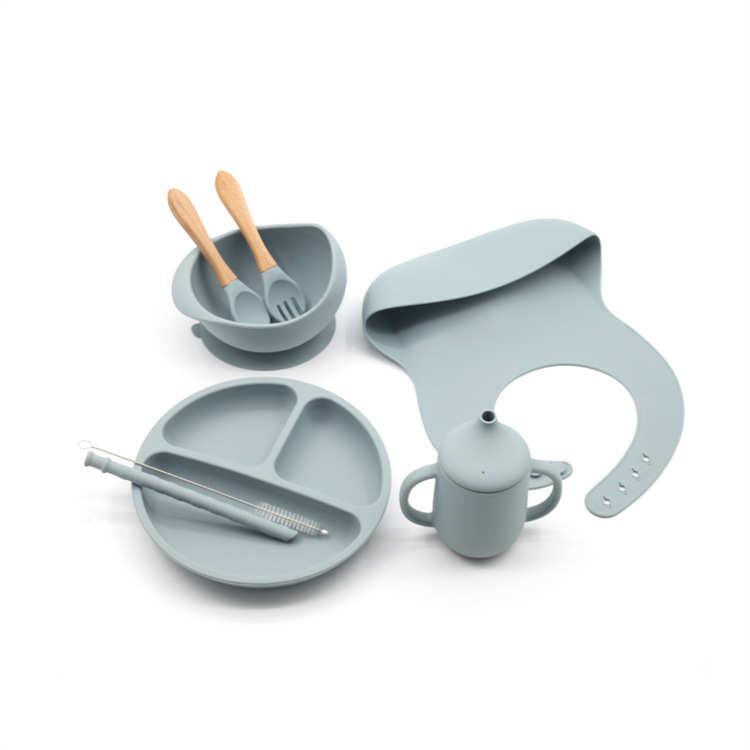 热销款六件套宝宝硅胶围兜圆碗勺叉分格餐盘带盖水杯辅食餐具套装