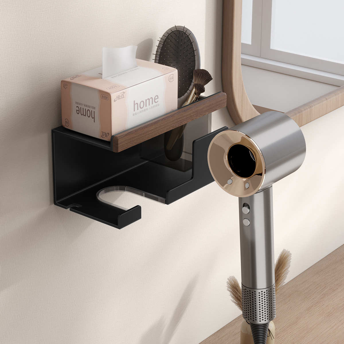 实木吹风机置物架免打孔卫生间浴室电吹风支架梳子纸巾收纳架壁挂