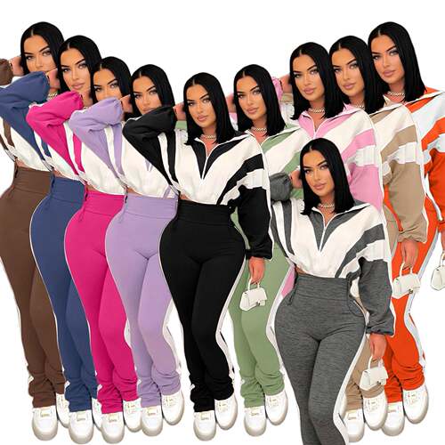 Womens 2Piece Sportswear Set Drawstring LongSleeved Zippered