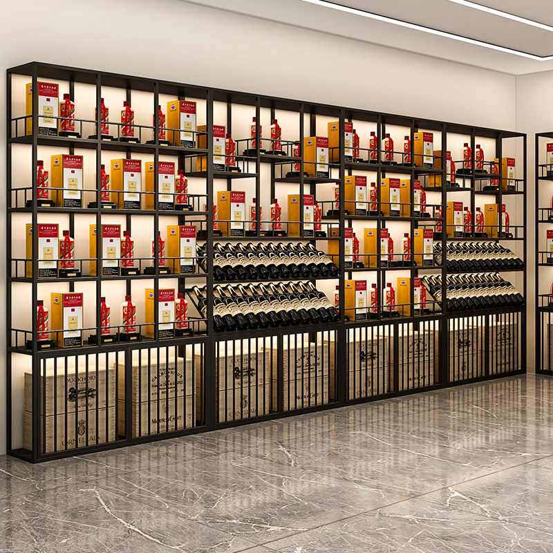 整店红酒白酒展示柜酒行靠墙落地葡萄酒洋酒展架酒吧背景酒柜