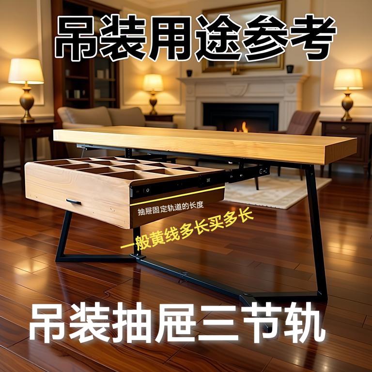 吊装抽屉滑轨/吊装加厚三节滑轨悬挂抽拉抽屉柜五金导轨悬吊轨道图片