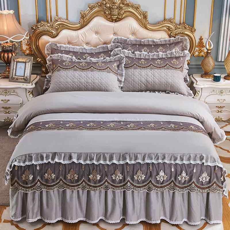 新款纯欧式结婚全棉刺绣床裙四件套大红色棉被套夹棉加蕾丝厚边花