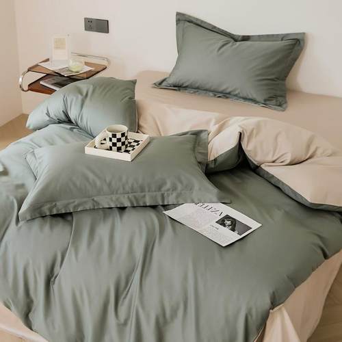 新款纯色高级感100S长绒棉双拼四件套全棉被套1.8床笠四季裸睡