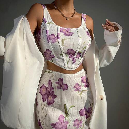 Women's suspender printed vest, hip hugging skirt set,