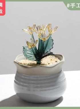 淄博博山琉璃小摆件豆芽仿真多肉仙人掌植物盆栽办公室玻璃品