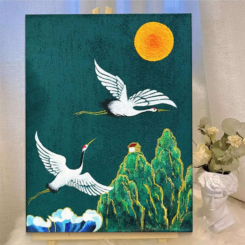 中国风高级感仙鹤石英砂肌理画diy全套材料包手绘数字油画装饰画