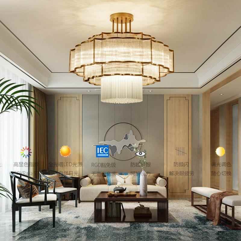 酒店别墅复式楼大厅餐厅吊灯新中式水晶吊灯轻奢复古客厅玻璃灯具
