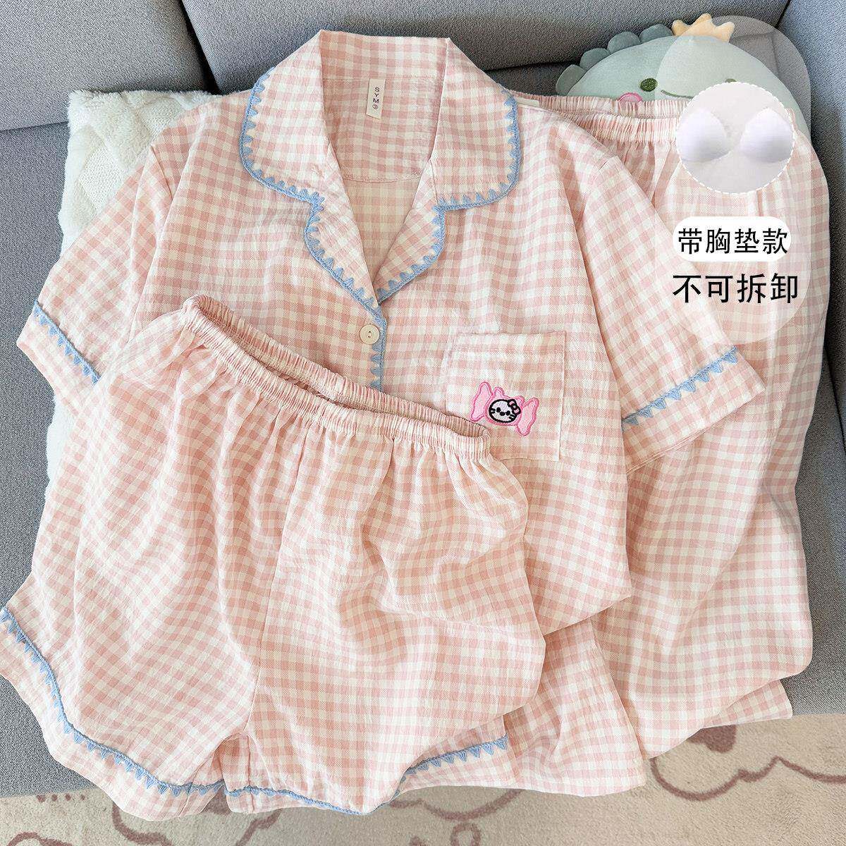 吊带宽松学生带胸垫睡衣女纯棉纱布夏季粉子卡通三件套大码家居服