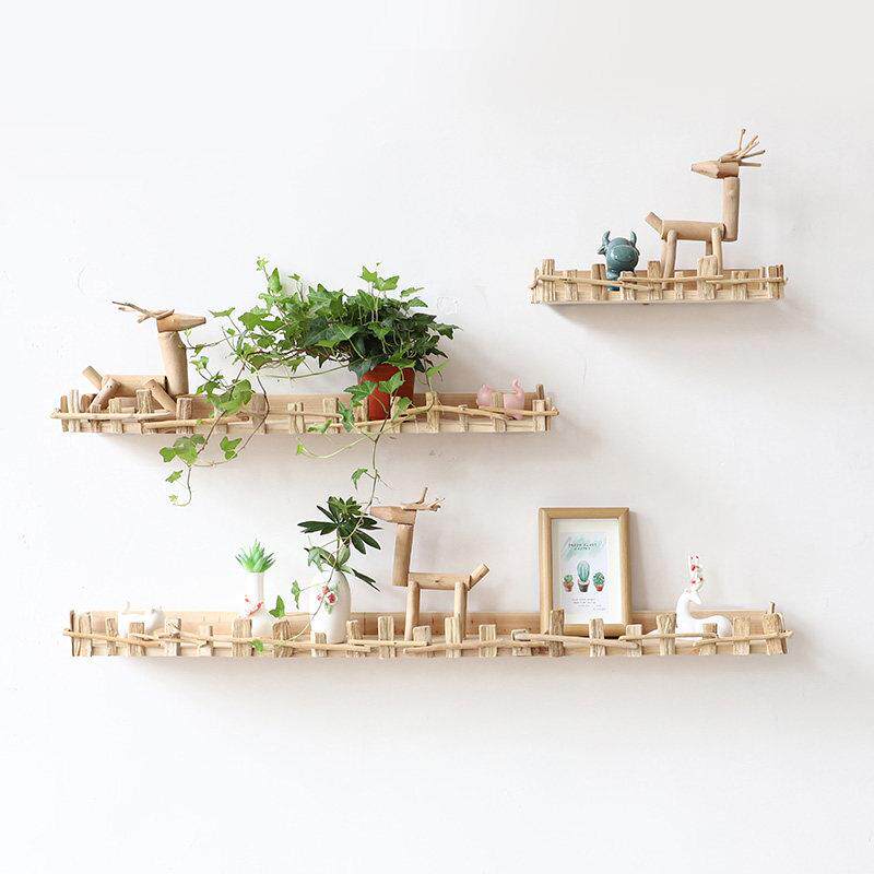 原木墙上置物架免打孔墙壁挂墙面隔板电视墙装饰客厅一字隔板创意