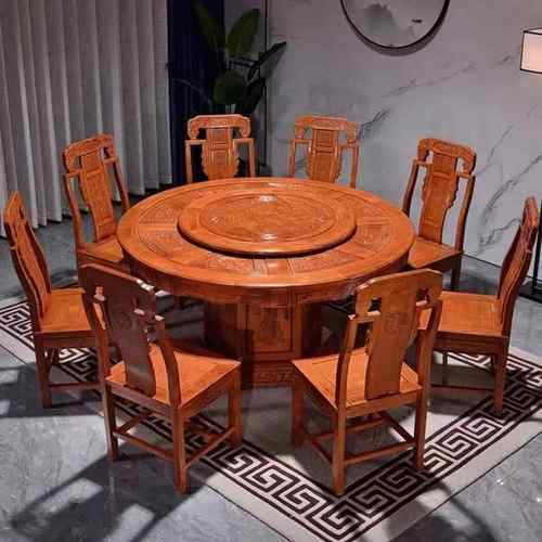 全实木花仿餐桌组合中式SCP餐桌带转盘明清古典古雕酒店吃饭大椅