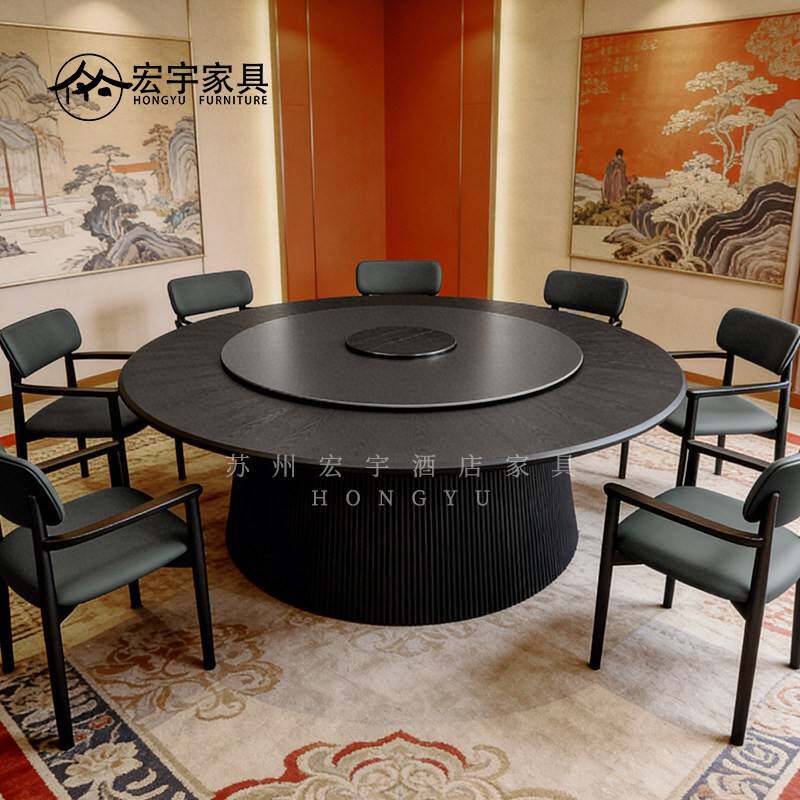 酒店餐桌电动大圆桌新中式岩板转盘饭店会所包厢定制15人餐桌椅子