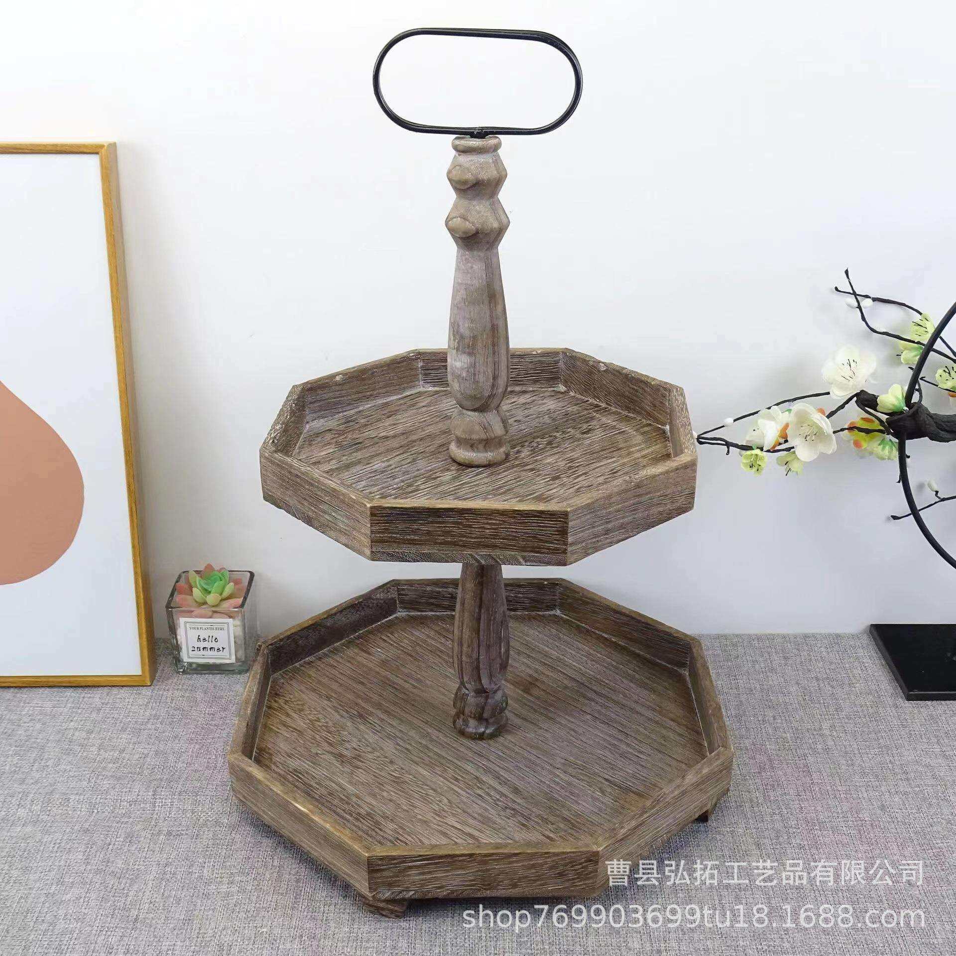 家用木质双层托盘双层置物架下午茶点心木质托盘甜品蛋糕展示架