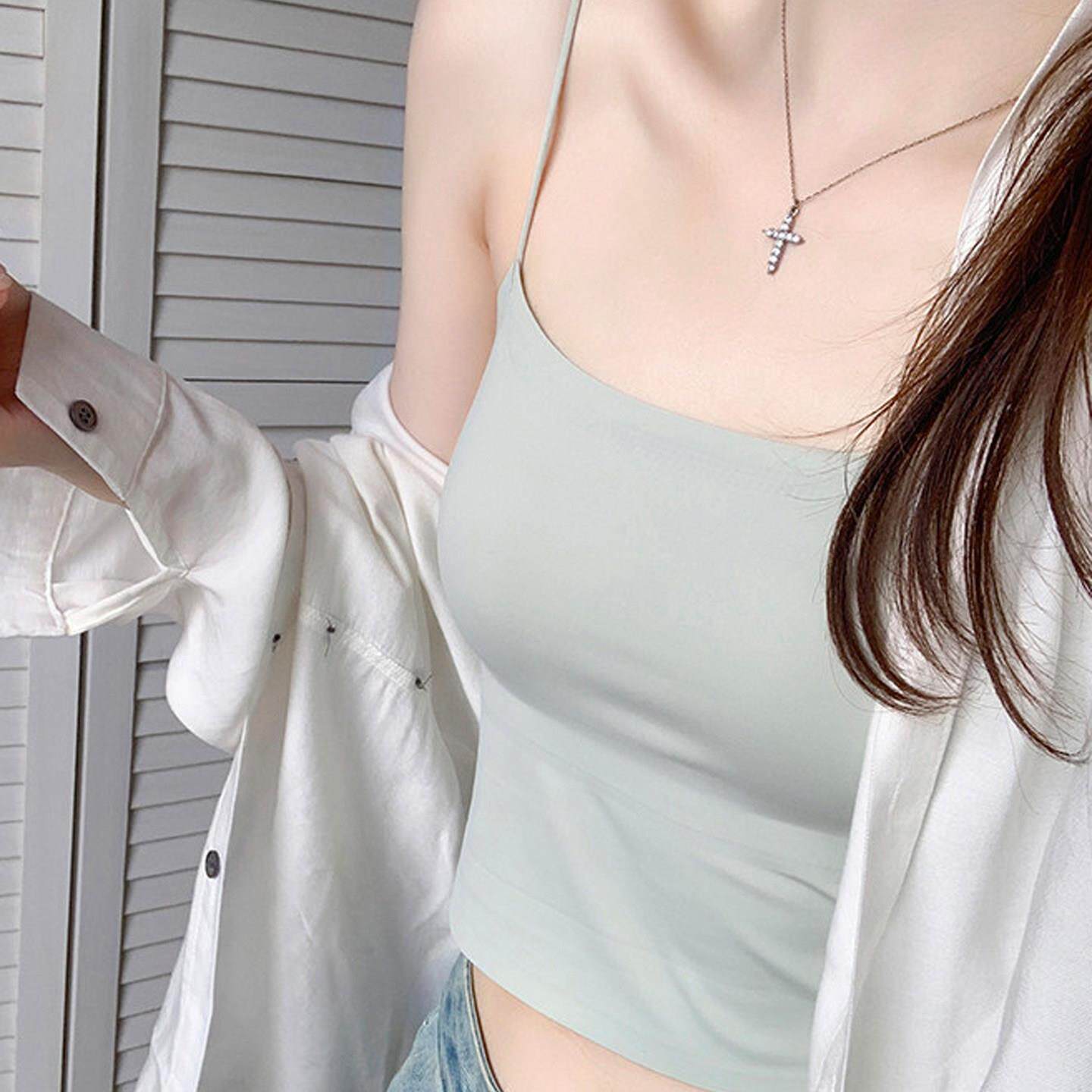 吊带裙专用自带附胸垫背心内衣女抹胸细肩带一体式冰丝薄款内搭美