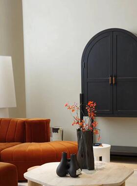 RH美式复古黑实木餐边柜法式简约玄关柜客厅靠墙拱形中古酒柜家具