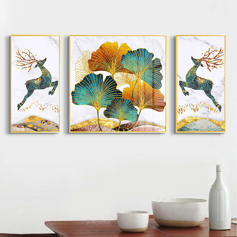 欧式客厅装饰画美式壁画大气沙发背景墙轻奢挂画麋鹿三联晶瓷画图片