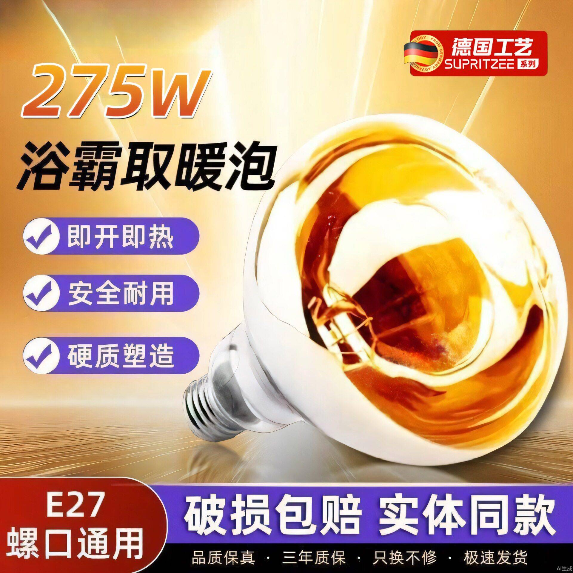 浴霸灯泡取暖灯275W防水防爆led中间照明壁挂式浴室化妆室老灯暖