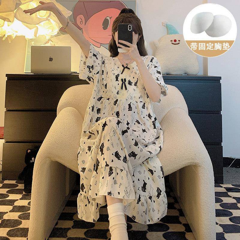 睡裙带胸垫云朵棉女夏季短袖加肥特大码胖MM300斤长款孕妇睡衣