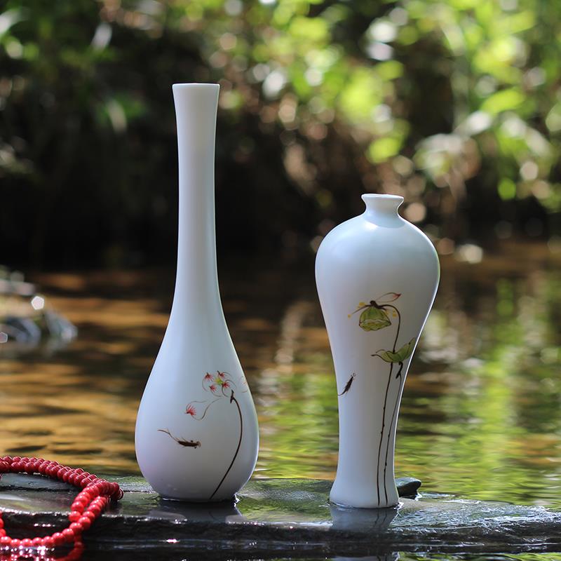 高档花摆景德镇陶瓷花瓶创意件手绘荷白瓷瓶观音玉水净瓶简约培插