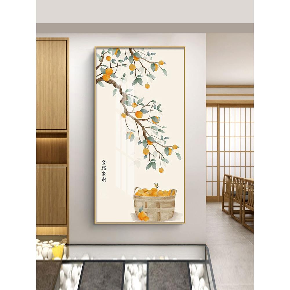 网红事事如意入户门玄关装饰画新中式好寓意茶室竖版柿子进门水果图片