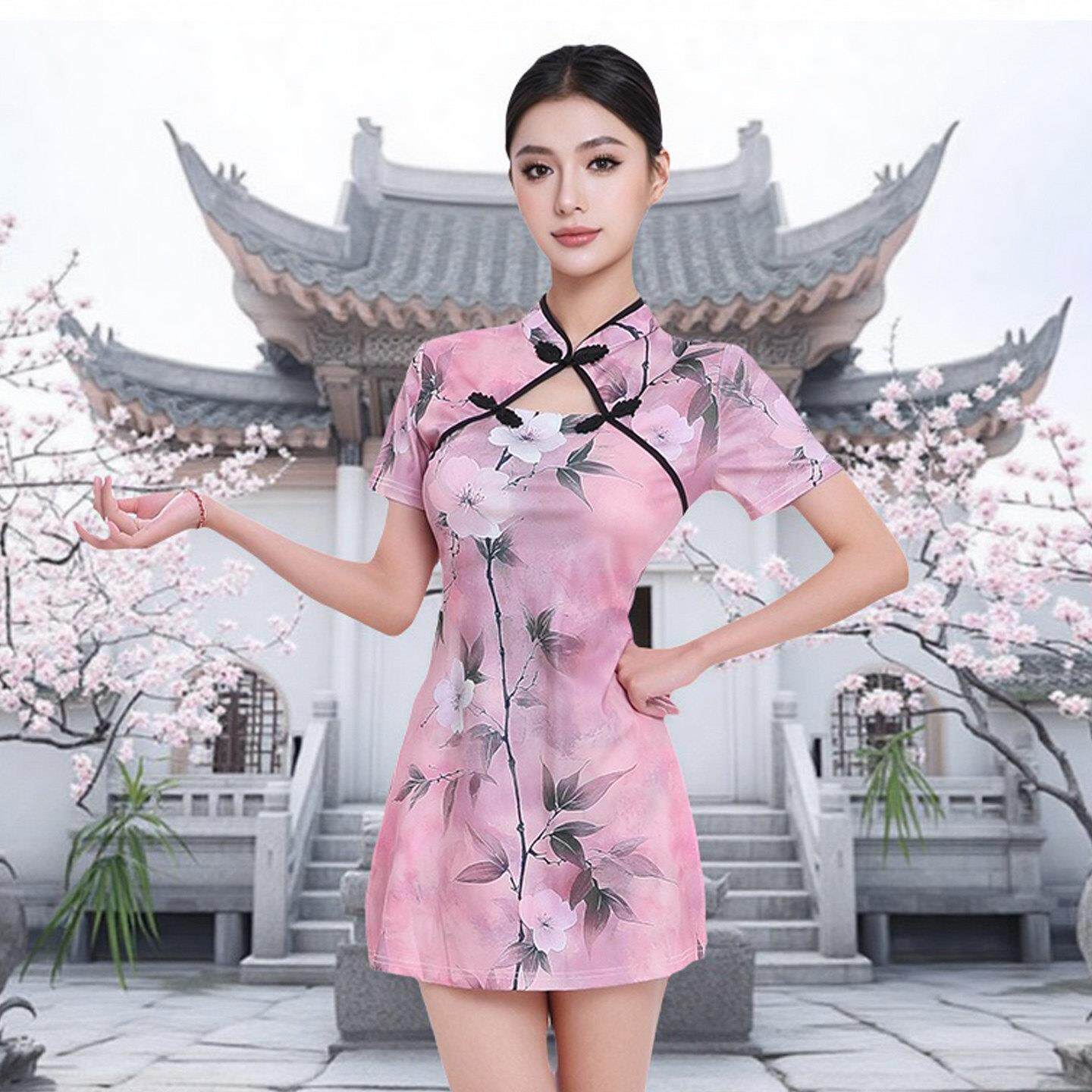 新中式改良旗袍连衣裙职业套装按摩足浴国色技师工作服女短裙