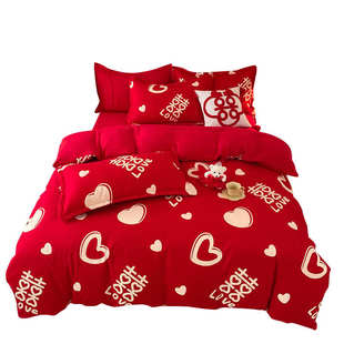 婚庆喜被床上四件套大红色结婚床单被套婚嫁新婚房磨毛非全棉纯棉