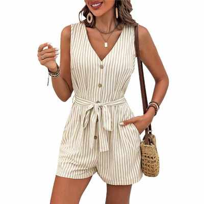 Jumpsuit collar sleeveless striped jumpsuit shorts