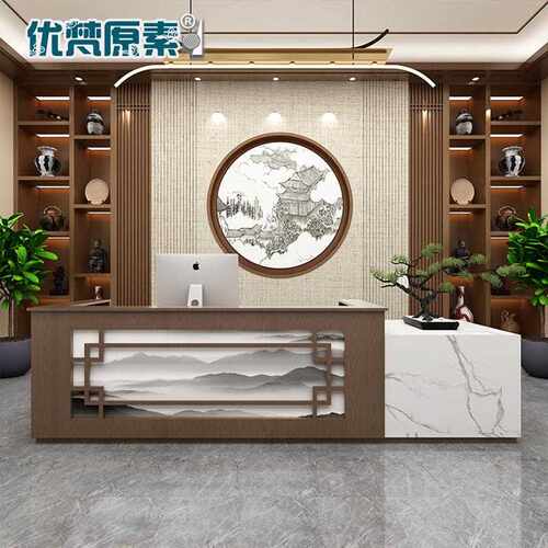 新款直销商用收银台新中式酒店公司前台山水画餐饮店吧台大气美容