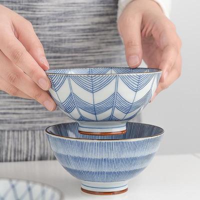 日本进口 波佐见烧古染绘变系列米饭碗 日式线条釉下彩陶瓷高脚碗