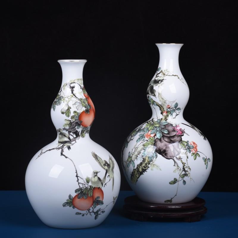 现代新中式高白泥描金粉彩薄胎花鸟葫芦瓶玄关酒柜装饰品摆件