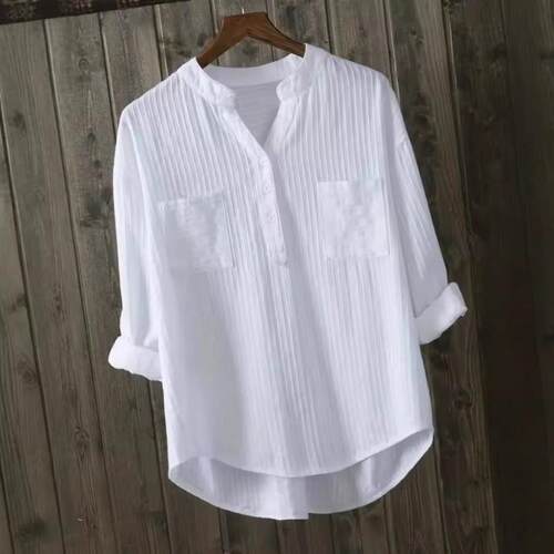 A white V-neck relaxed casual design Spring Pocket Button