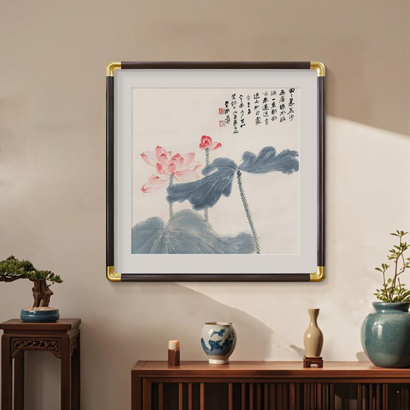 荷花挂画中式进门玄关装饰画走廊过道壁画斗方水墨画餐厅饭厅墙画