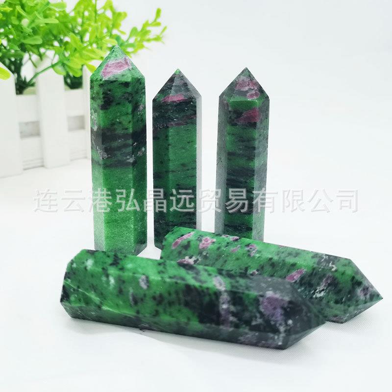 弘晶远水晶 天然红绿宝六棱柱单尖原石打磨水晶六棱柱跨境