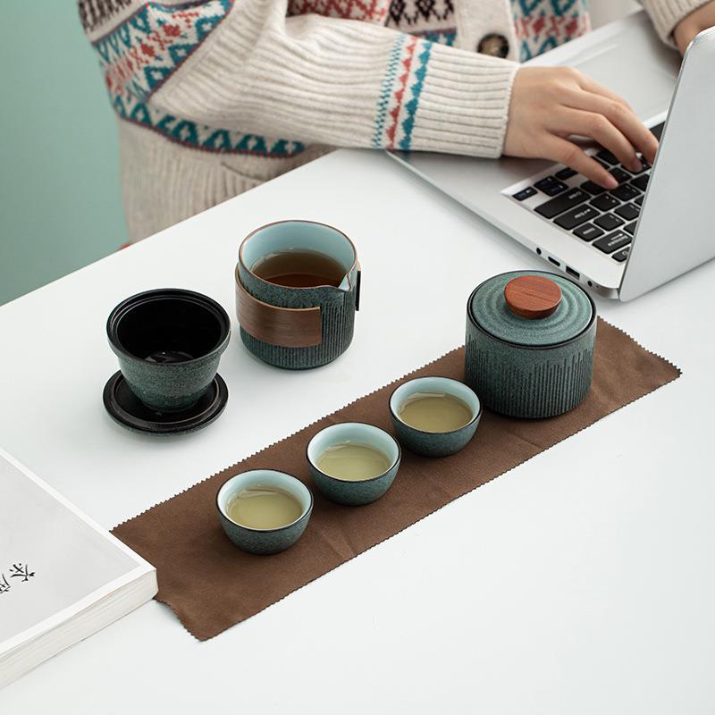 陶瓷茶具青石釉竖条纹快客杯一壶二杯四杯陶瓷旅行便携式茶具套装