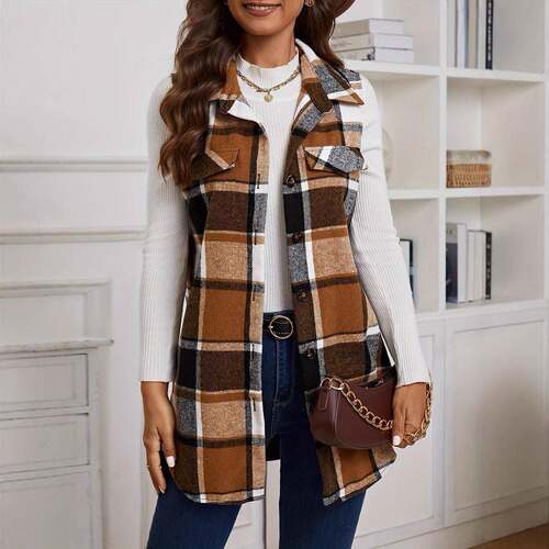Women Plaid Casual Vest Jacket fake Pockets Collared Button