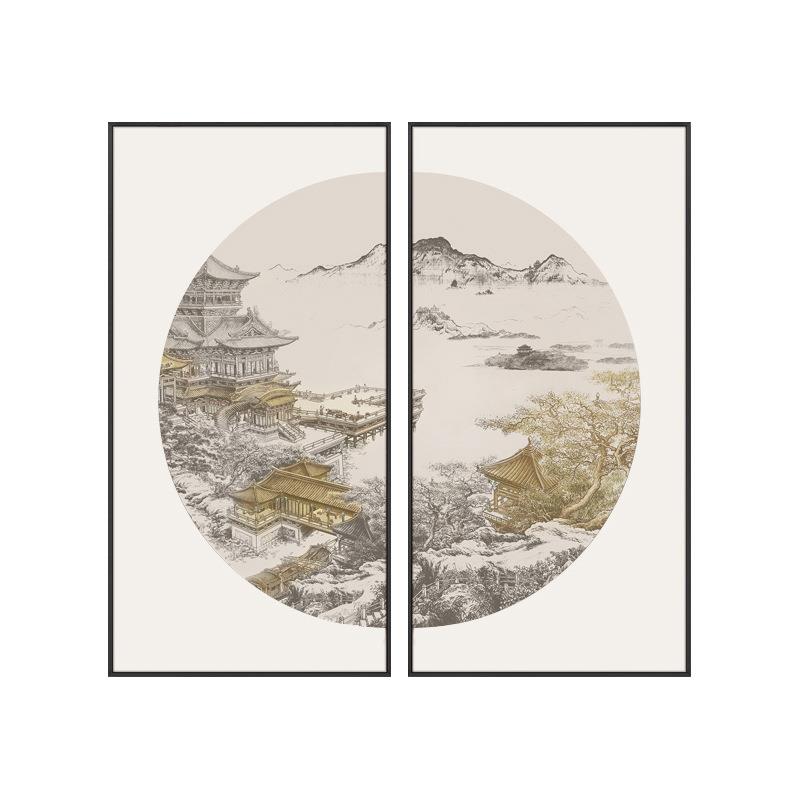 新中式餐厅装饰画轻奢高级感挂画玄关高档两联客厅背景墙面壁画