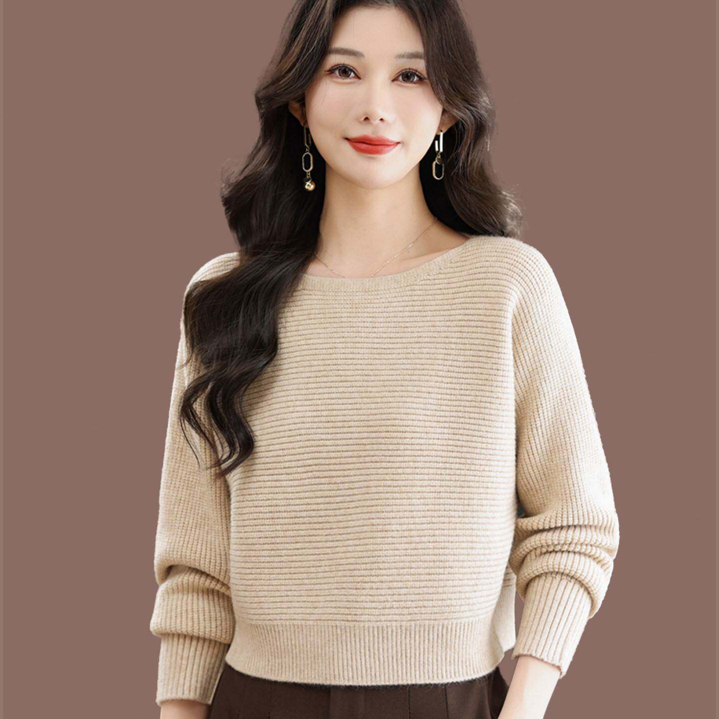 2026春秋新款通勤风螺纹针织衫女宽松圆领长袖毛衣高级感气质上衣