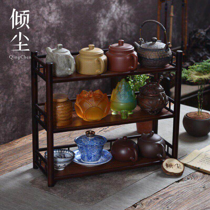 深色席面三层落苏杯架中式楠竹茶杯架茶具收纳架茶壶展示架博古架