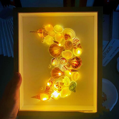 贝壳海螺手工DIY相框画小夜灯卧室挂画发光艺术画装饰画贝壳相框