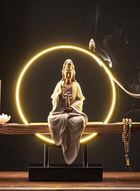 禅意玉净瓶观音菩萨佛像灯摆件倒流香创意陶瓷高档家居装饰工艺礼