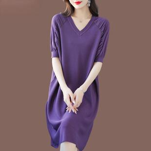 女 遮肉套头中长款 胖妈妈加大码 桑蚕丝T恤女连衣裙宽松V领冰丝薄款