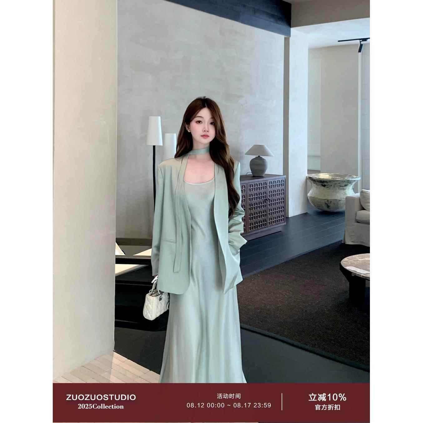 佐佐家小个子韩系温柔缎面飘带西装外套女春秋季薄款宽松西服上衣