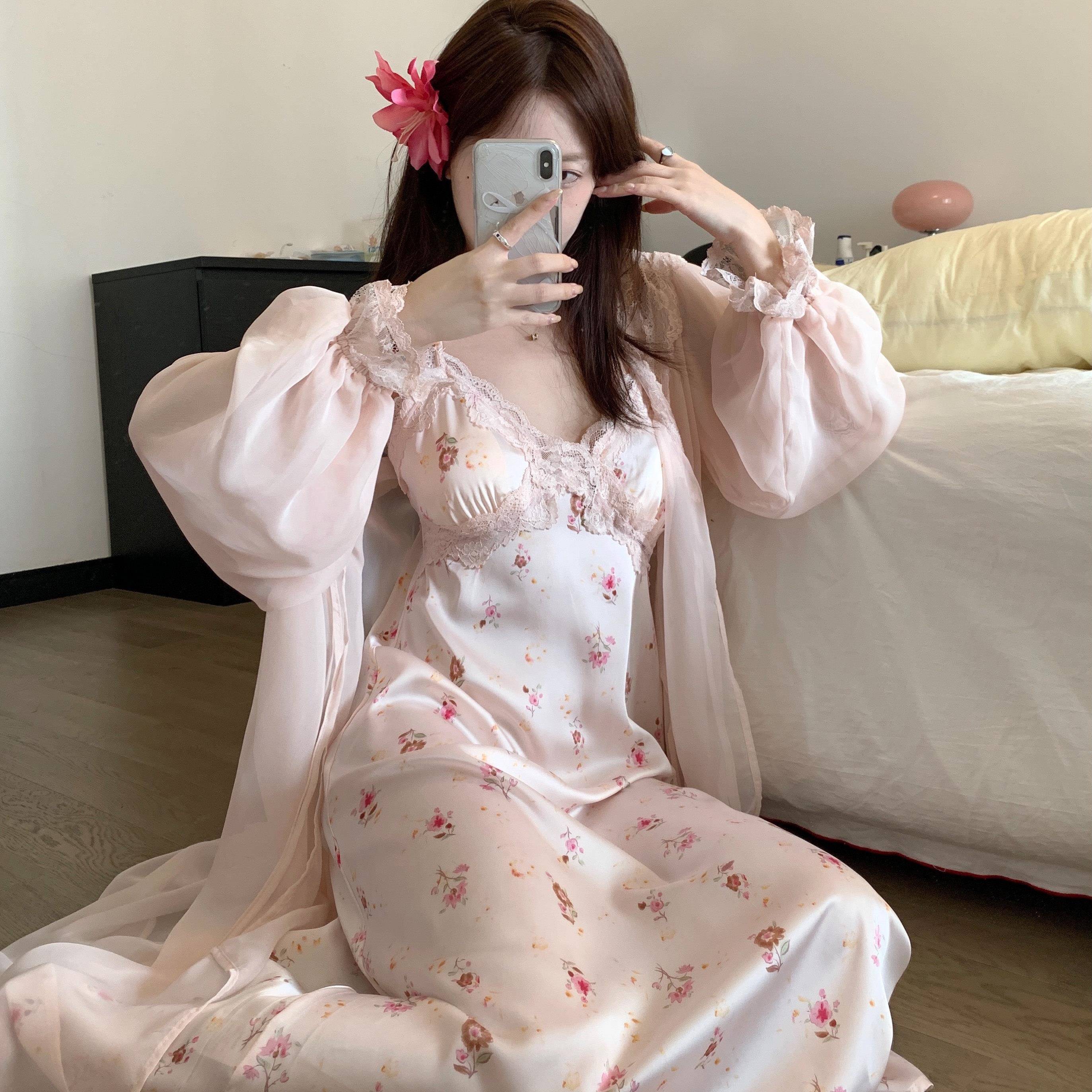 大尺码碎花冰丝吊带睡裙夏季2026新款蕾丝睡衣女家居洋装夏天睡袍