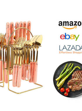 Tik Tok爆款轻奢陶瓷手柄四主件不锈钢餐具24件套装刀叉勺