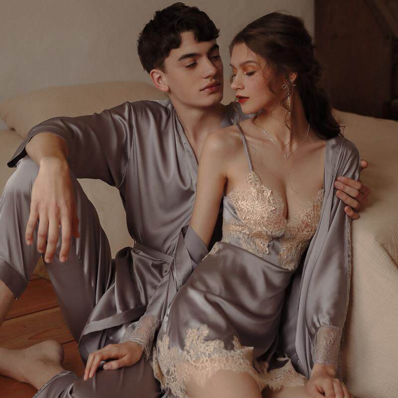 CLAUDIE HOME性感睡衣女情侣冰丝吊带睡裙睡袍男丝绸两件套家居服