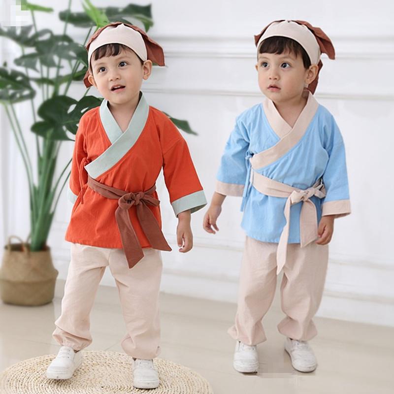 宝宝日常汉服棉麻萌宝拍照服装小药童半袖古装幼儿国学演出服装