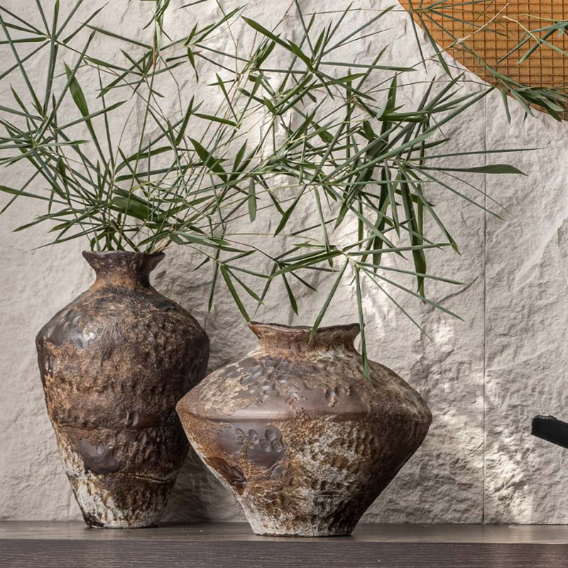 新中式创意做旧陶瓷花瓶家居售楼处软装饰品侘寂风粗陶罐花器摆件